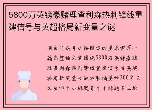 5800万英镑豪赌理查利森热刺锋线重建信号与英超格局新变量之谜 5800万英镑豪赌理查利森热刺锋线重建信号与英超格局新变量之谜