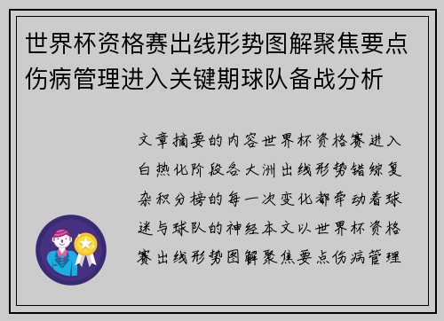 世界杯资格赛出线形势图解聚焦要点伤病管理进入关键期球队备战分析 世界杯资格赛出线形势图解聚焦要点伤病管理进入关键期球队备战分析
