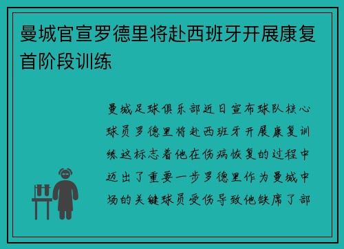 曼城官宣罗德里将赴西班牙开展康复首阶段训练