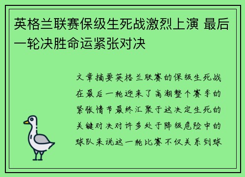 英格兰联赛保级生死战激烈上演 最后一轮决胜命运紧张对决 英格兰联赛保级生死战激烈上演 最后一轮决胜命运紧张对决